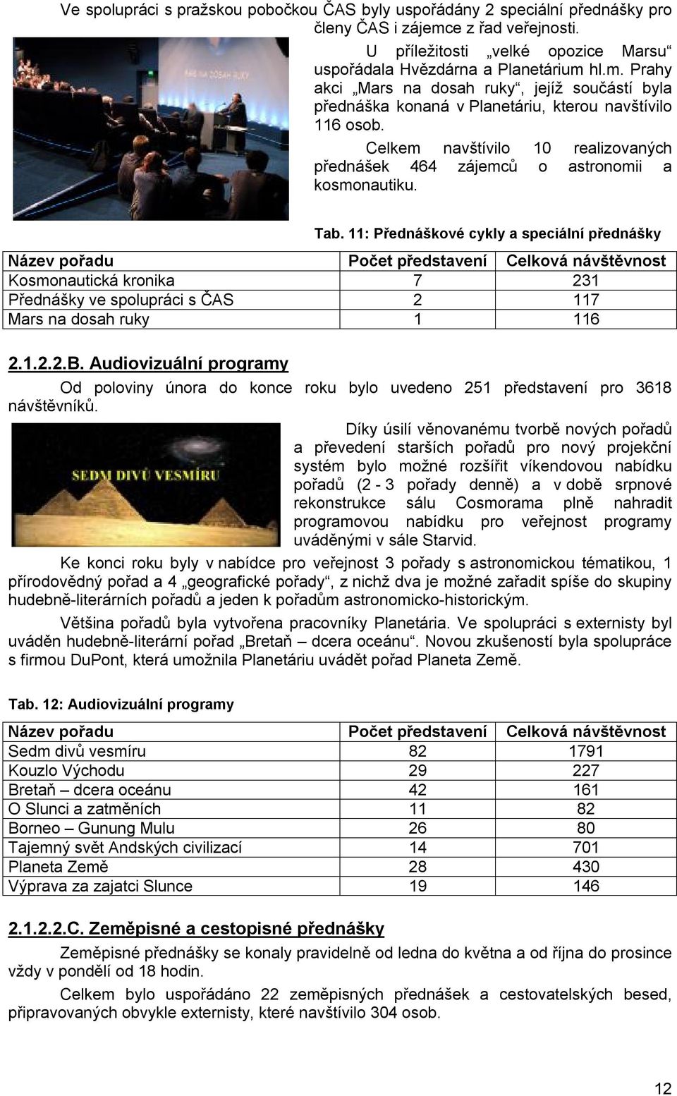 Celkem navštívilo 10 realizovaných přednášek 464 zájemců o astronomii a kosmonautiku. Tab.