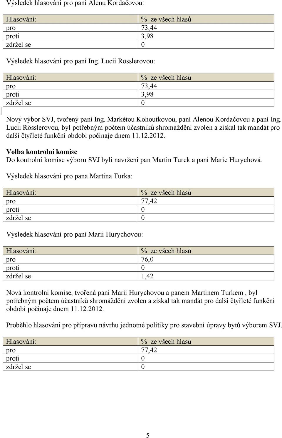 Volba kontrolní komise Do kontrolní komise výboru SVJ byli navrženi pan Martin Turek a paní Marie Hurychová.