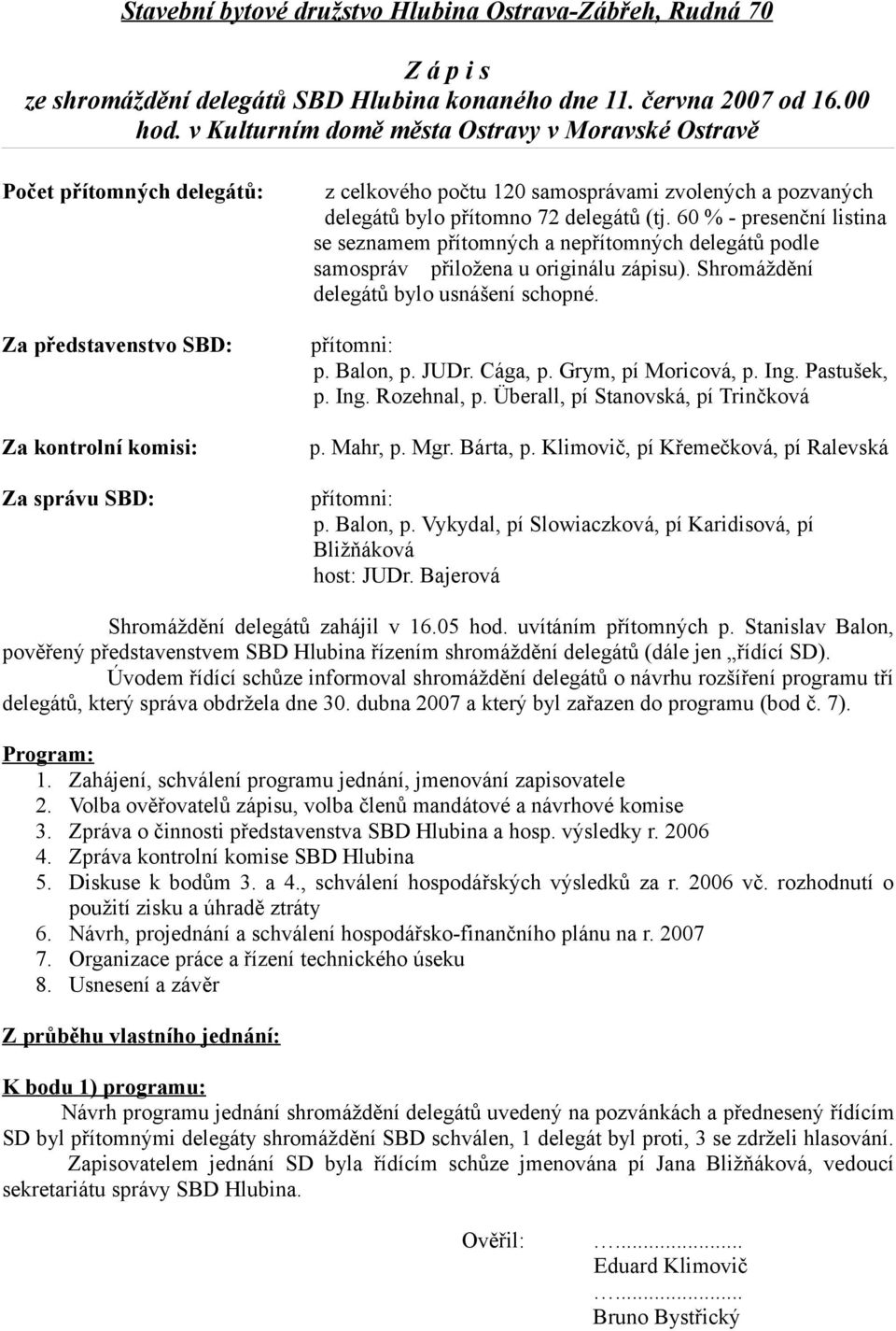 delegátů bylo přítomno 72 delegátů (tj. 60 % - presenční listina se seznamem přítomných a nepřítomných delegátů podle samospráv přiložena u originálu zápisu).