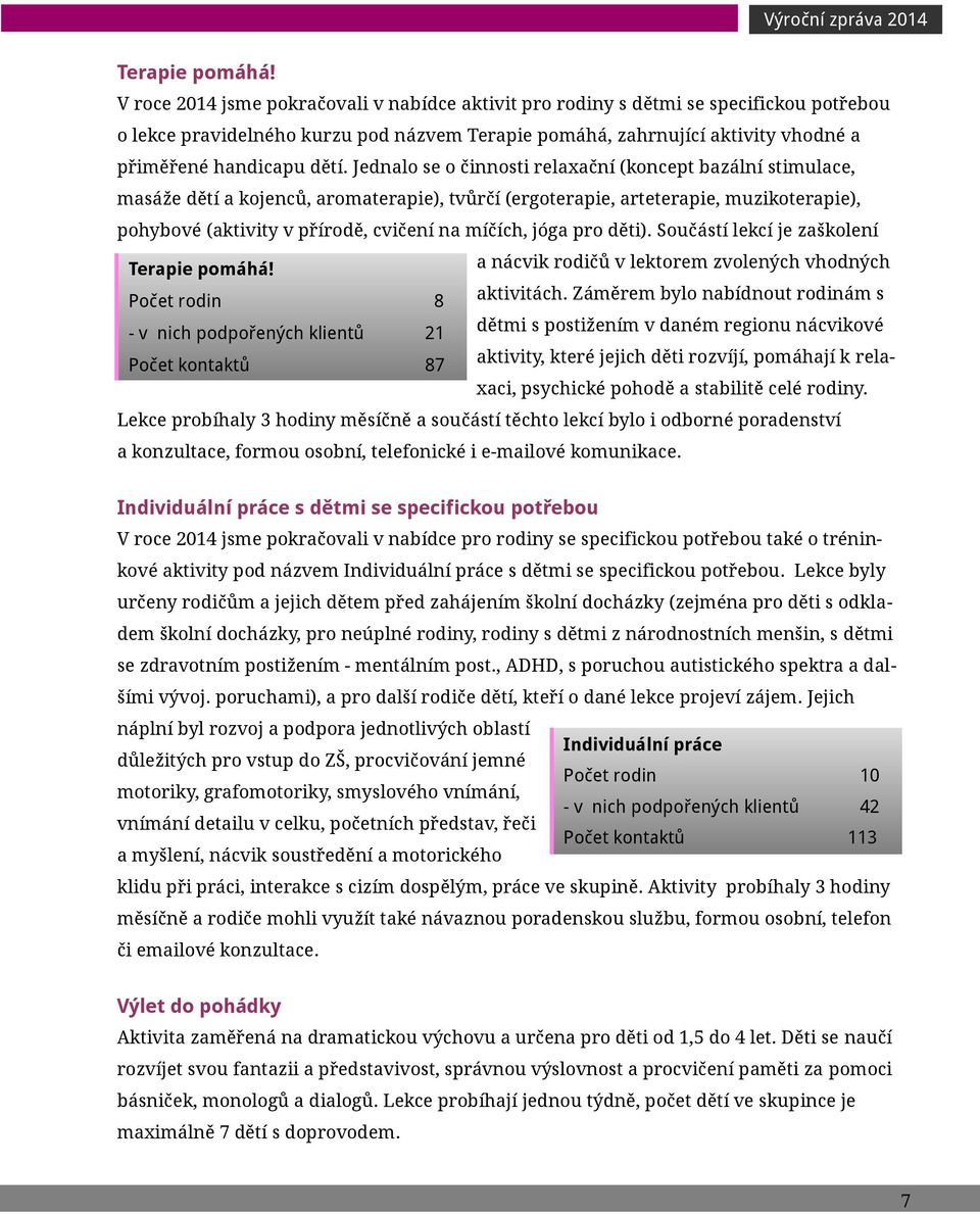 Jednalo se o činnosti relaxační (koncept bazální stimulace, masáže dětí a kojenců, aromaterapie), tvůrčí (ergoterapie, arteterapie, muzikoterapie), pohybové (aktivity v přírodě, cvičení na míčích,