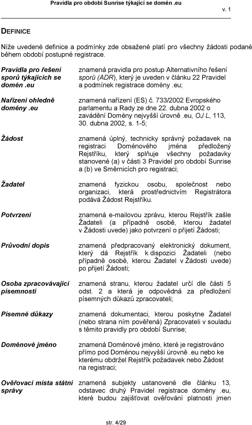 733/2002 Evropského parlamentu a Rady ze dne 22. dubna 2002 o zavádění Domény nejvyšší úrovně.eu, OJ L, 113, 30. dubna 2002, s.