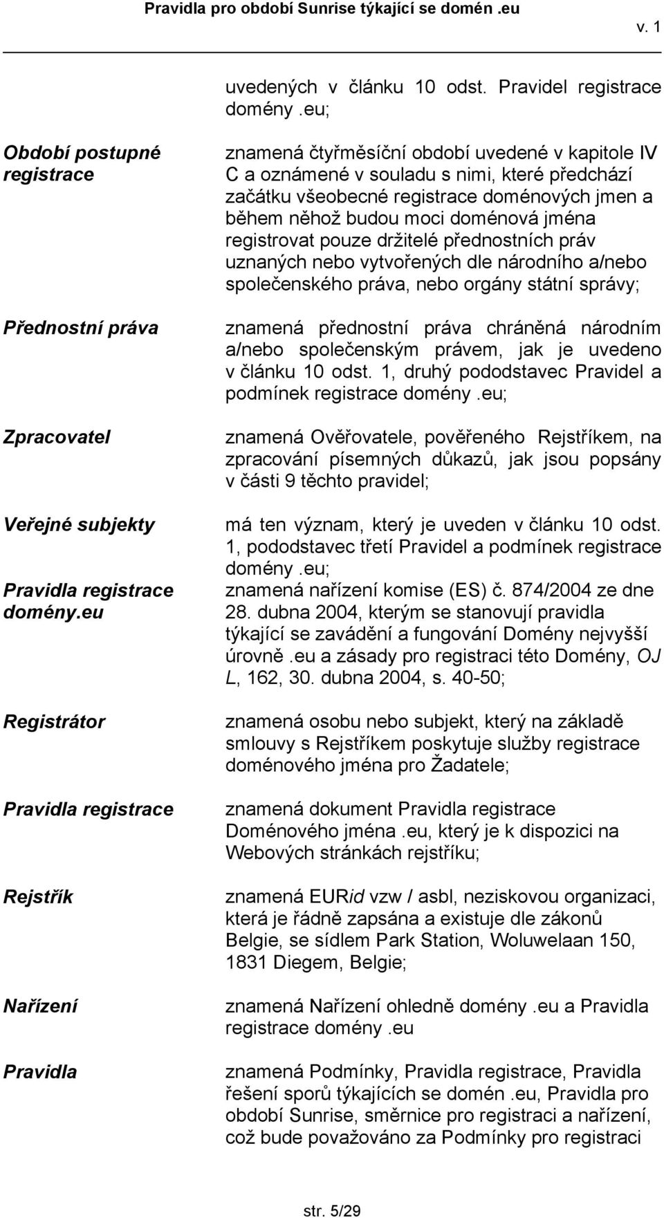 jmen a během něhož budou moci doménová jména registrovat pouze držitelé přednostních práv uznaných nebo vytvořených dle národního a/nebo společenského práva, nebo orgány státní správy; znamená