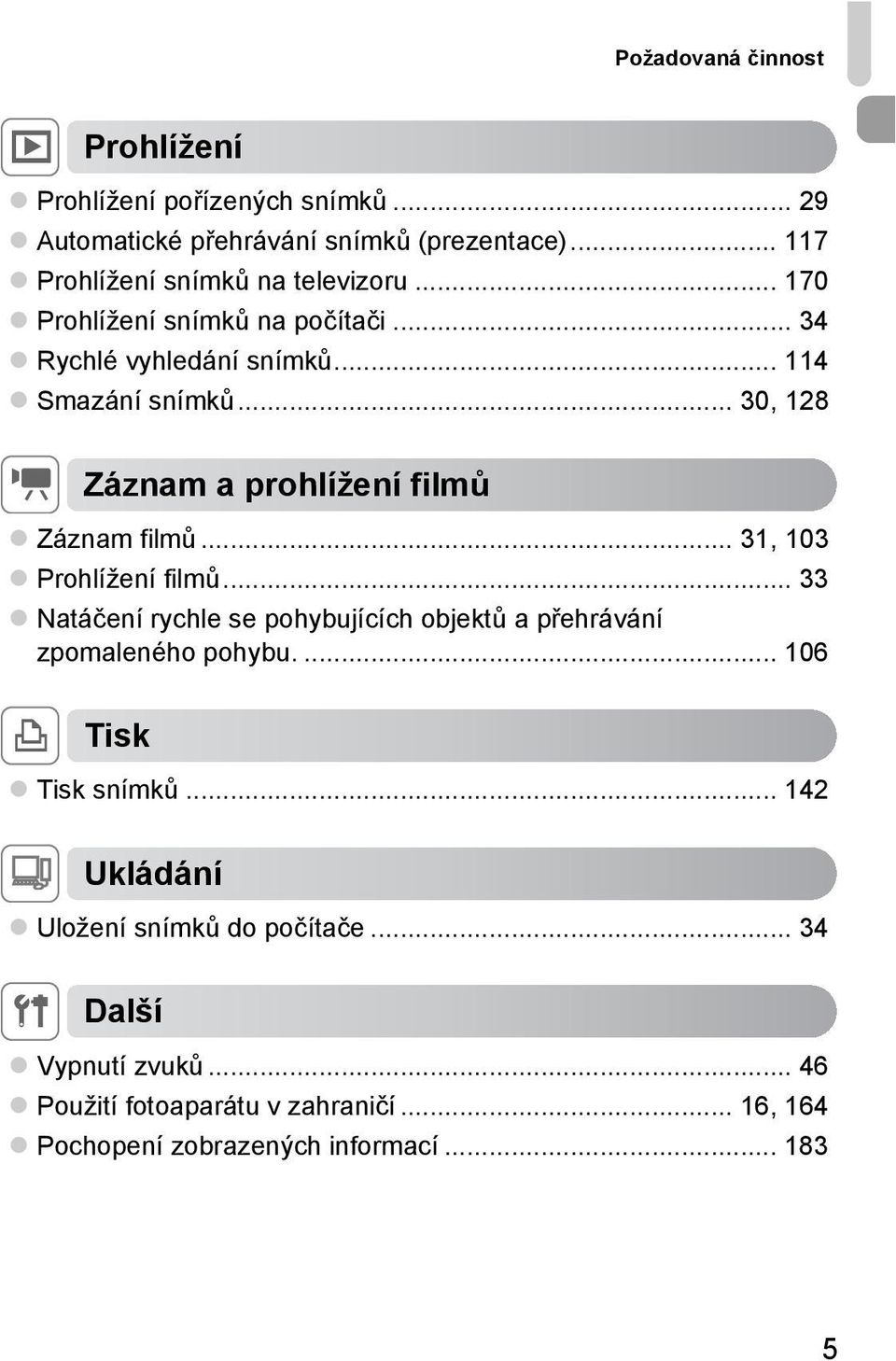 .. 30, 128 E Záznam a prohlížení filmů Záznam filmů... 31, 103 Prohlížení filmů.