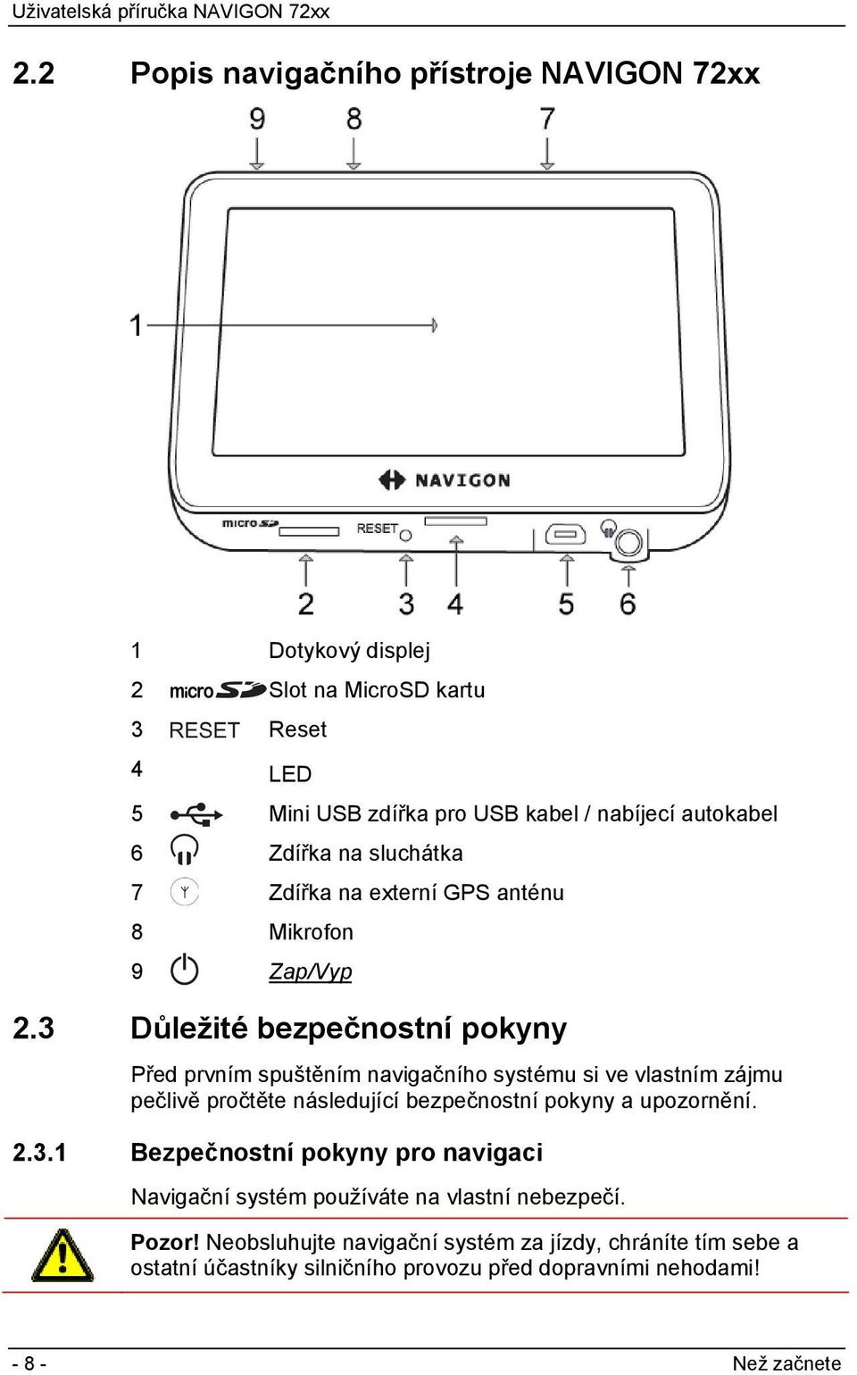 3 Důležité bezpečnostní pokyny Před prvním spuštěním navigačního systému si ve vlastním zájmu pečlivě pročtěte následující bezpečnostní pokyny a upozornění.