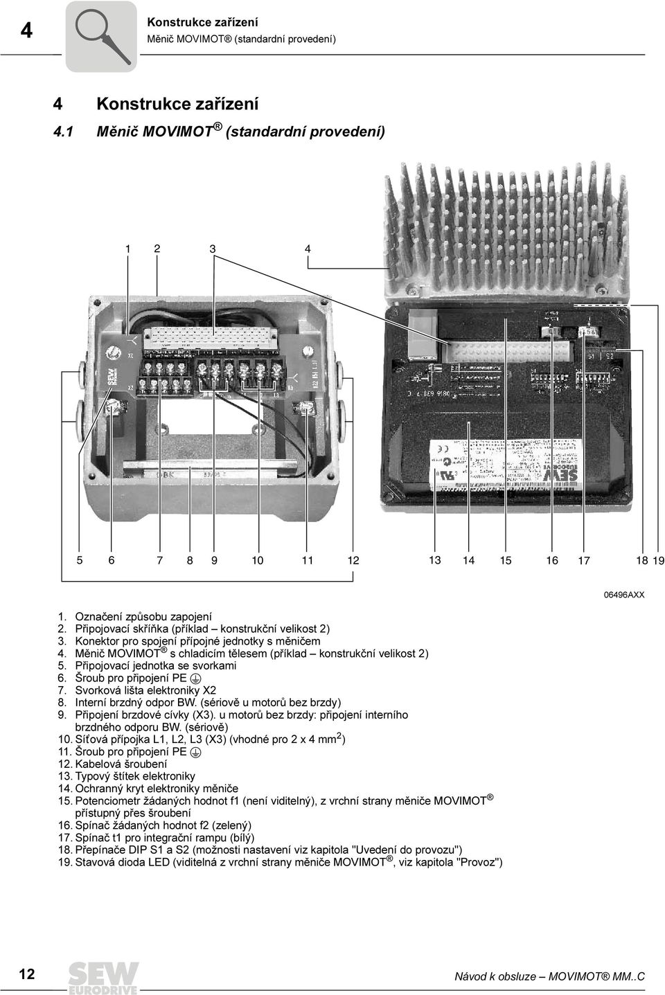 Připojovací jednotka se svorkami 6. Šroub pro připojení PE 7. Svorková lišta elektroniky X2 8. Interní brzdný odpor BW. (sériově u motorů bez brzdy) 9. Připojení brzdové cívky (X3).