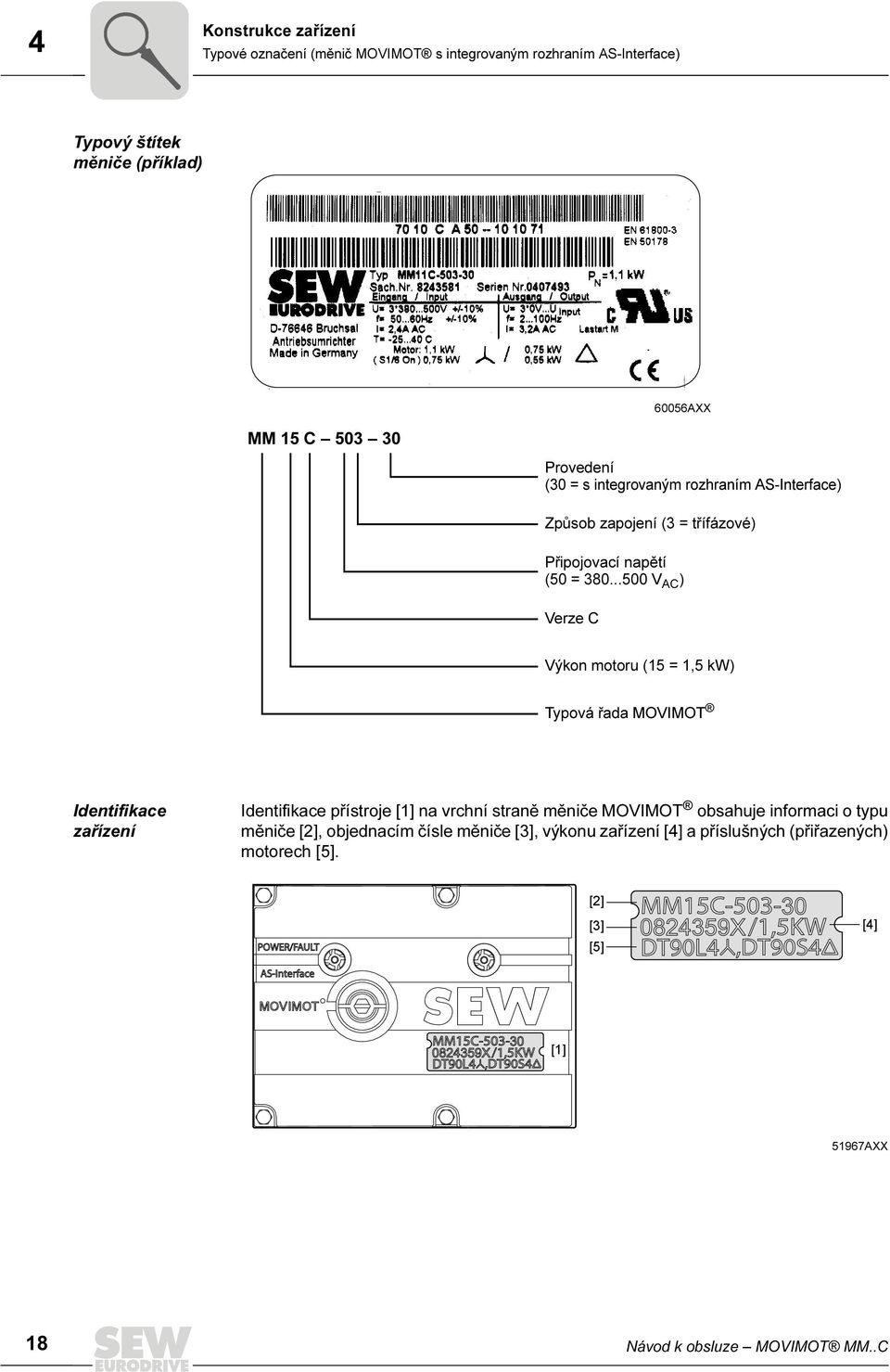 ..5 V AC ) Verze C Výkon motoru (15 = 1,5 kw) Typová řada MOVIMOT Identifikace zařízení Identifikace přístroje [1] na vrchní straně měniče MOVIMOT