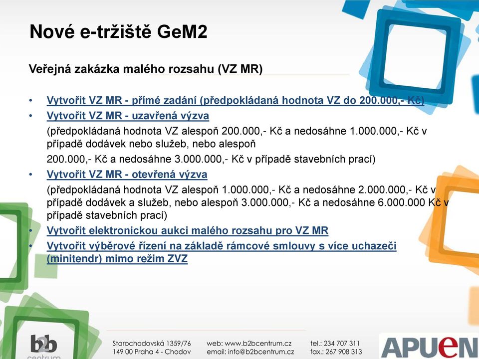 000,- Kč a nedosáhne 3.000.000,- Kč v případě stavebních prací) Vytvořit VZ MR - otevřená výzva (předpokládaná hodnota VZ alespoň 1.000.000,- Kč a nedosáhne 2.000.000,- Kč v případě dodávek a služeb, nebo alespoň 3.