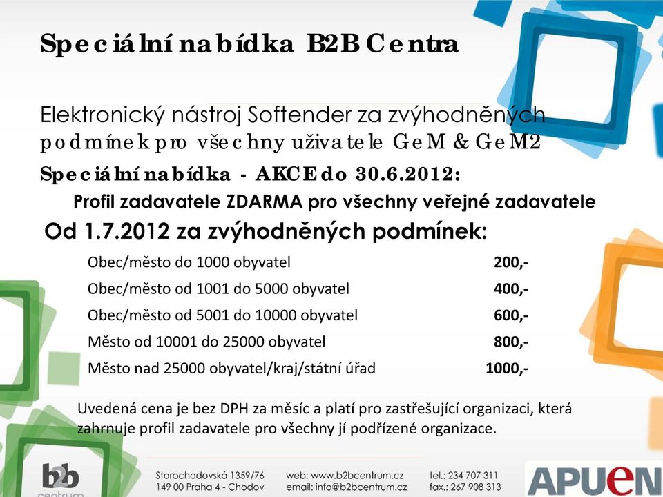 2012 za zvýhodněných podmínek: Obec/město do 1000 obyvatel 200,- Obec/město od 1001 do 5000 obyvatel 400,- Obec/město od 5001 do 10000 obyvatel 600,-