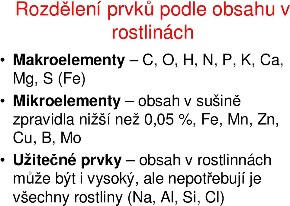 než 0,05 %, Fe, Mn, Zn, Cu, B, Mo Užitečné prvky obsah v rostlinnách