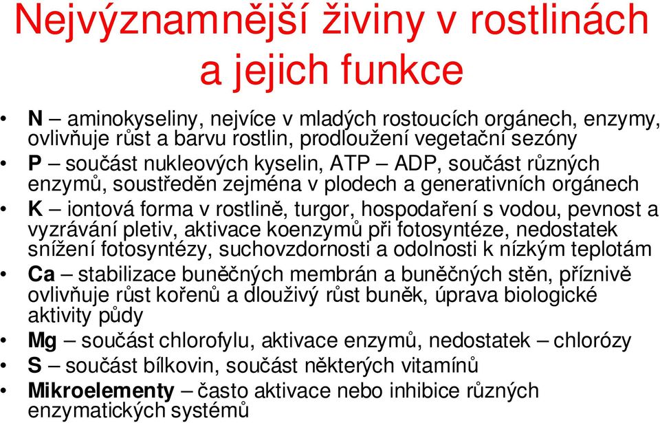 při fotosyntéze, nedostatek snížení fotosyntézy, suchovzdornosti a odolnosti k nízkým teplotám Ca stabilizace buněčných membrán a buněčných stěn, příznivě ovlivňuje růst kořenů a dlouživý růst buněk,