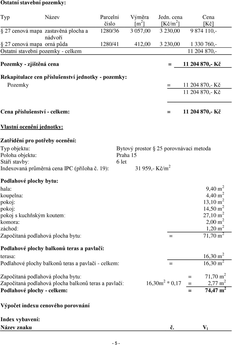 11 204 870,- Pozemky - zjištěná cena = 11 204 870,- Kč Rekapitulace cen příslušenství jednotky - pozemky: Pozemky = 11 204 870,- Kč 11 204 870,- Kč Cena příslušenství - celkem: = 11 204 870,- Kč