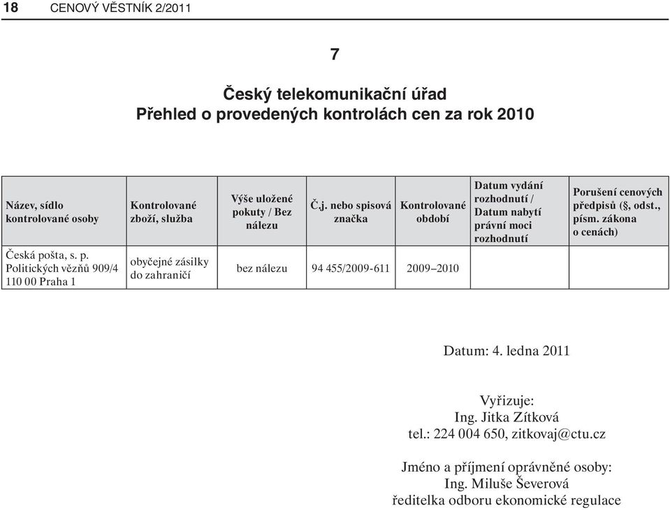 šta, s. p. Politických vězňů 909/4 110 00 Praha 1 Kontrolované zboží, služba obyčejn