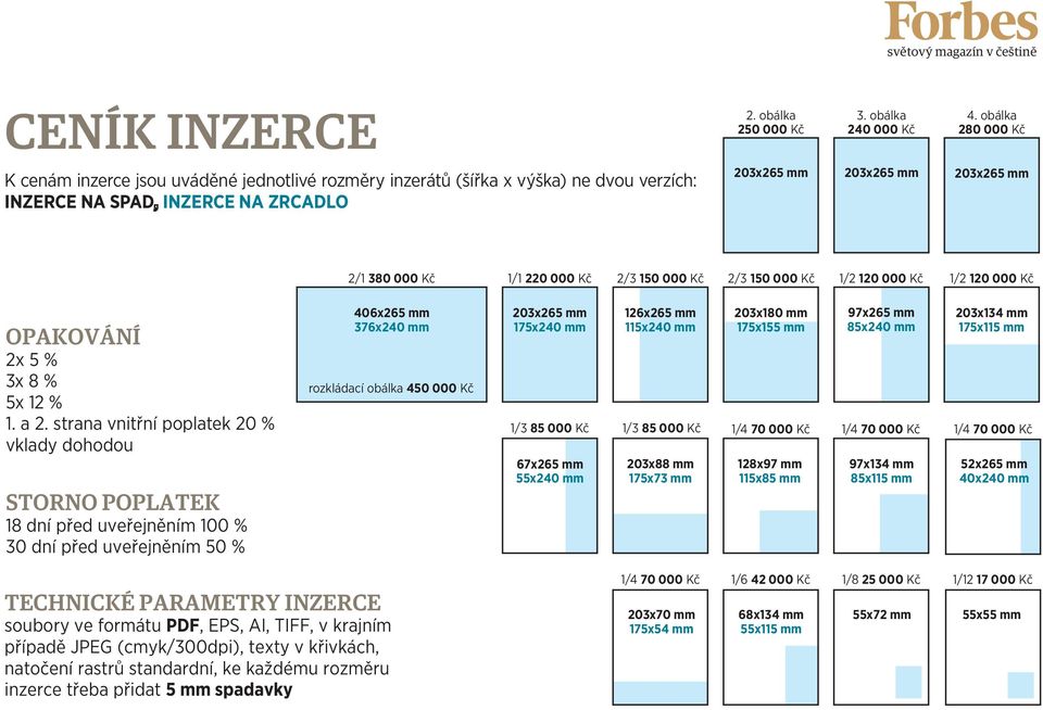 a 2. strana vnitřní poplatek 20 % vklady dohodou storno poplatek 18 dní před uveřejněním 100 % 30 dní před uveřejněním 50 % 406x265 mm 376x240 mm rozkládací obálka 450 000 Kč 203x265 mm 175x240 mm