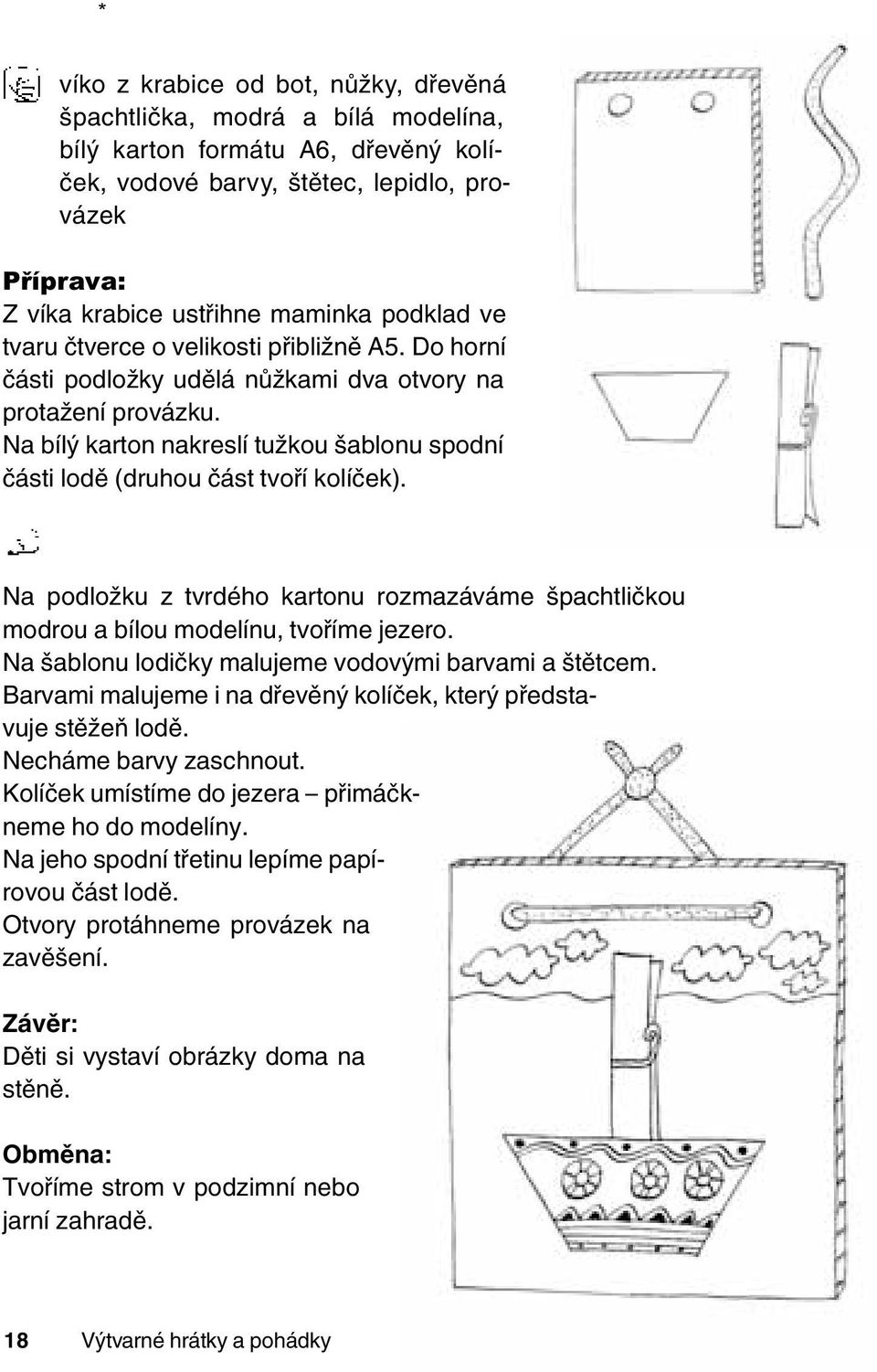 Na bílý karton nakreslí tužkou šablonu spodní části lodě (druhou část tvoří kolíček). Na podložku z tvrdého kartonu rozmazáváme špachtličkou modrou a bílou modelínu, tvoříme jezero.