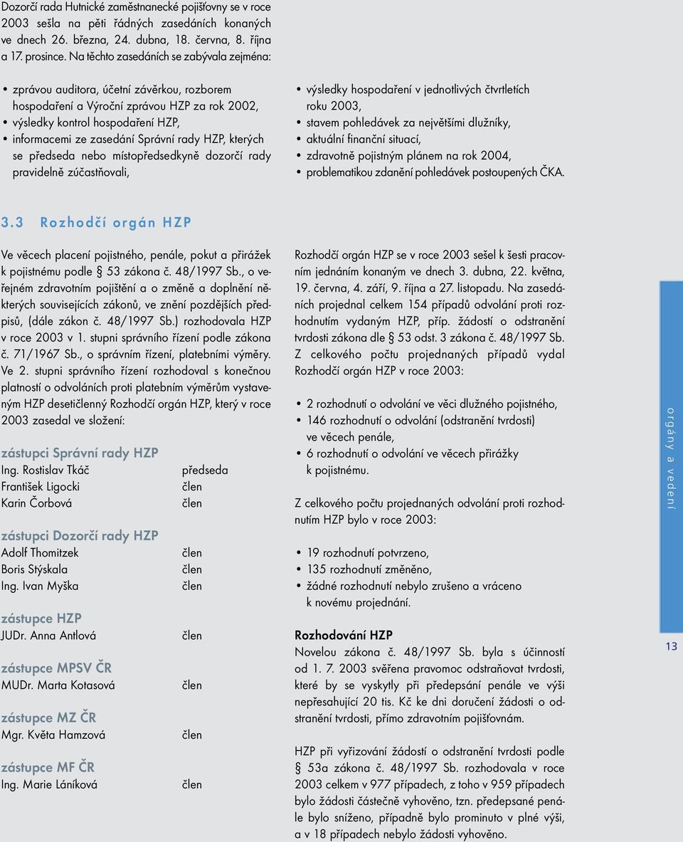 rady HZP, kterých se předseda nebo místopředsedkyně dozorčí rady pravidelně zúčastňovali, výsledky hospodaření v jednotlivých čtvrtletích roku 2003, stavem pohledávek za největšími dlužníky, aktuální