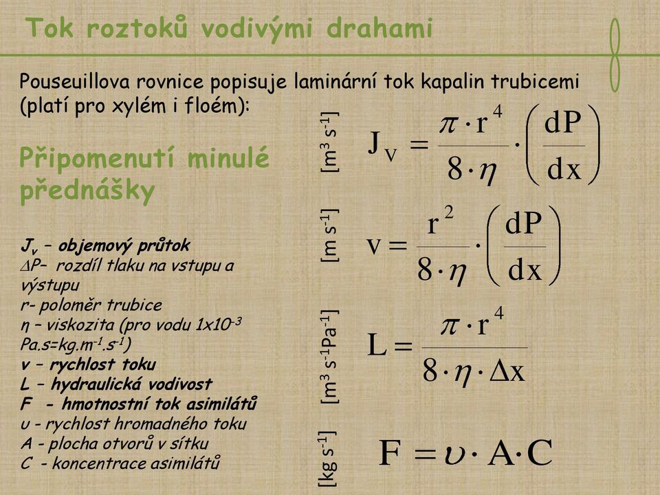 výstupu r- poloměr trubice η viskozita (pro vodu 1x10-3 Pa.s=kg.m -1.