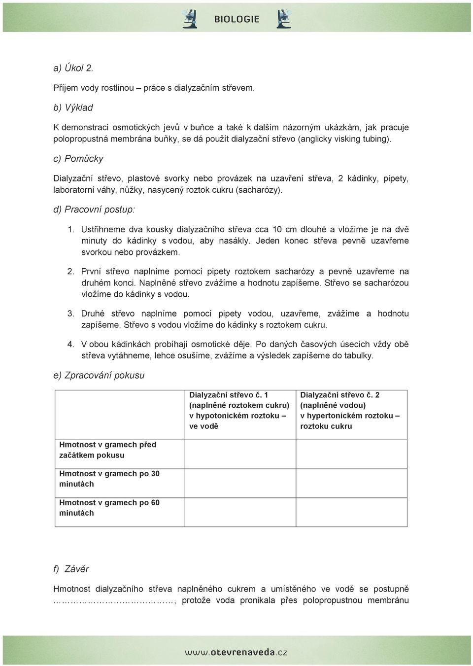 c) Pomůcky Dialyzační střevo, plastové svorky nebo provázek na uzavření střeva, 2 kádinky, pipety, laboratorní váhy, nůžky, nasycený roztok cukru (sacharózy). d) Pracovní postup: 1.