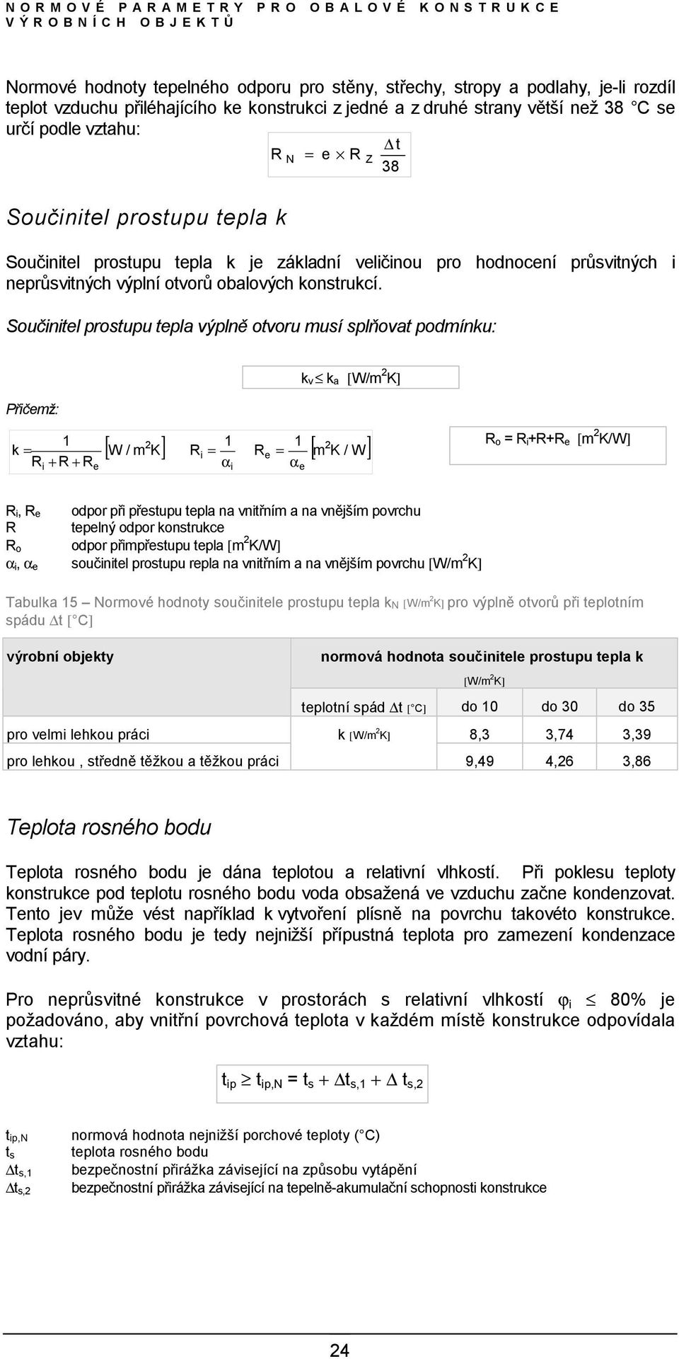 Součinitel prostupu tepla výplně otvoru musí splňovat podmínku: k v k a [W/m 2 K] Přičemž: 1 k = R + R + R i e 2 1 1 2 [ W / m K] R = R = [ m K / W] i α i e α e R o = R i+r+r e [m 2 K/W] R i, R e