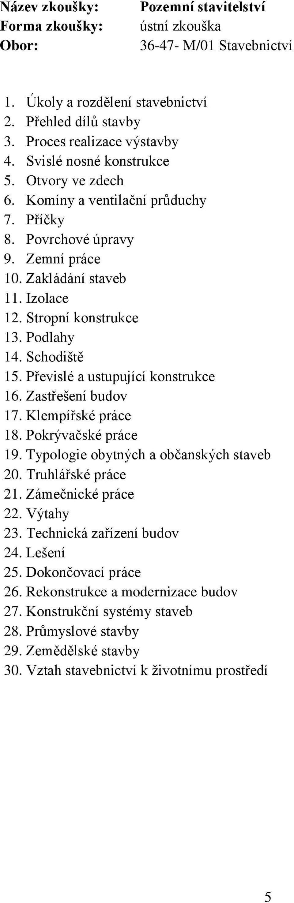 Převislé a ustupující konstrukce 16. Zastřešení budov 17. Klempířské práce 18. Pokrývačské práce 19. Typologie obytných a občanských staveb 20. Truhlářské práce 21. Zámečnické práce 22.