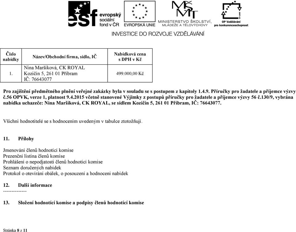 130/9, vybrána nabídka uchazeče: Nina Maršíková, CK ROYAL, se sídlem Kozičín 5, 261 01 Příbram, IČ: 76643077. Všichni hodnotitelé se s hodnocením uvedeným v tabulce ztotožňují. 11.