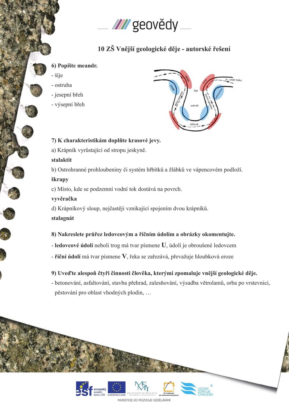 vyvěračka d) Krápníkový sloup, nejčastěji vznikající spojením dvou krápníků. stalagnát 8) Nakreslete průřez ledovcovým a říčním údolím a obrázky okomentujte.