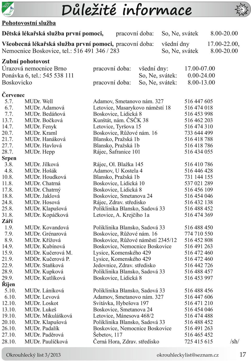 Well 6.7. MUDr. Adamová 7.7. MUDr. Bedáňová 13.7. MUDr. Bočková 14.7. MUDr. Fenyk 20.7. MUDr. Kraml 21.7. MUDr. Hanáková 27.7. MUDr. Havlová 28.7. MUDr. Hepp Srpen 3.8. MUDr. Jílková 4.8. MUDr. Hošák 10.