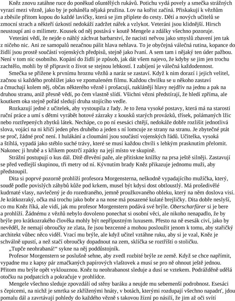 Veteráni jsou klidnější. Hirsch neustoupí ani o milimetr. Kousek od něj postává v koutě Mengele a zdálky všechno pozoruje.