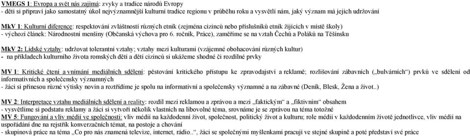 6. ročník, Práce), zaměříme se na vztah Čechů a Poláků na Těšínsku MkV 2: Lidské vztahy: udržovat tolerantní vztahy; vztahy mezi kulturami (vzájemné obohacování různých kultur) - na příkladech