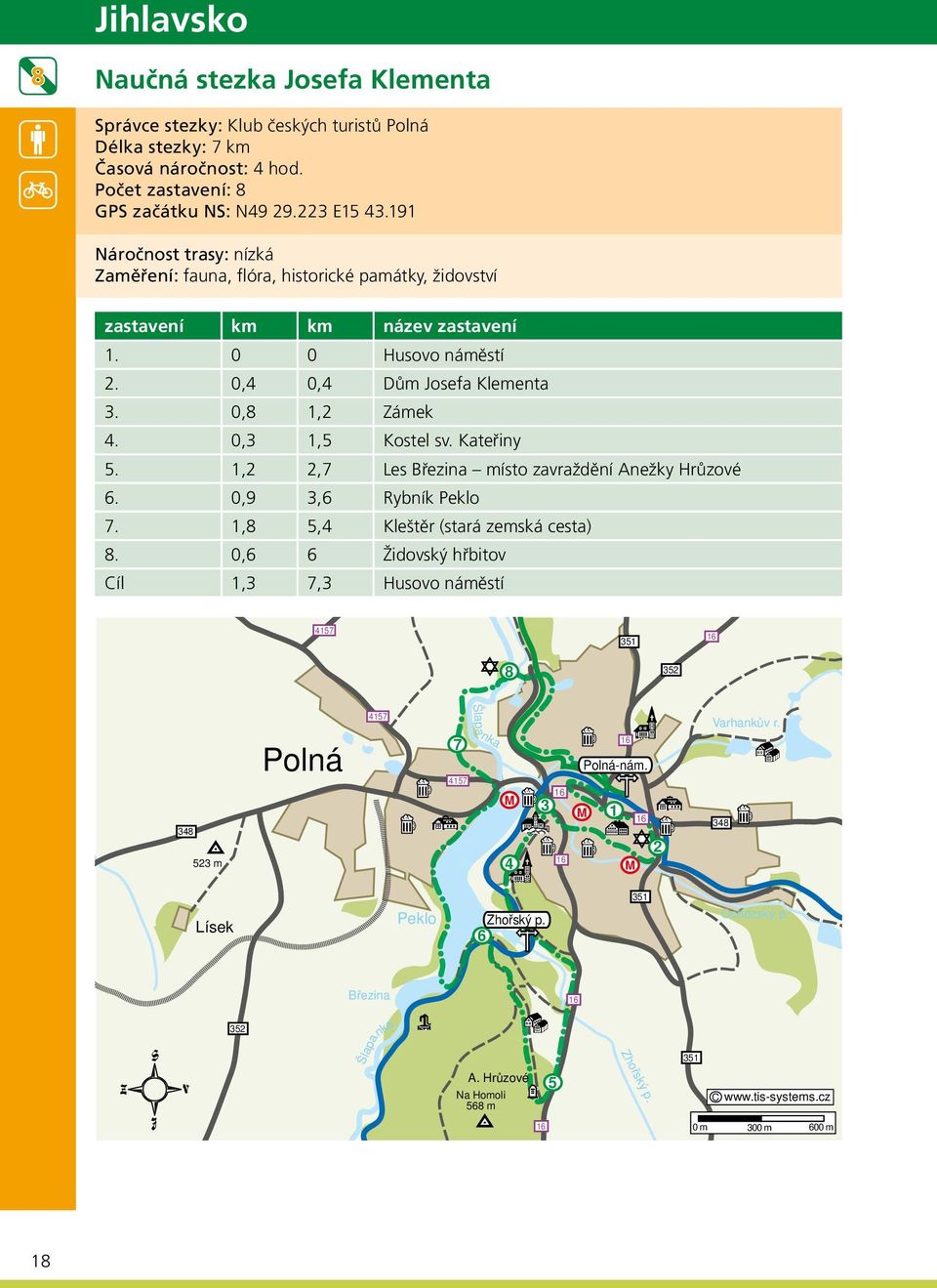 Kateřiny 5.,2 2,7 Les Březina místo zavraždění Anežky Hrůzové 6. 0,9 3,6 Rybník Peklo 7.,8 5,4 Kleštěr (stará zemská cesta) 8.