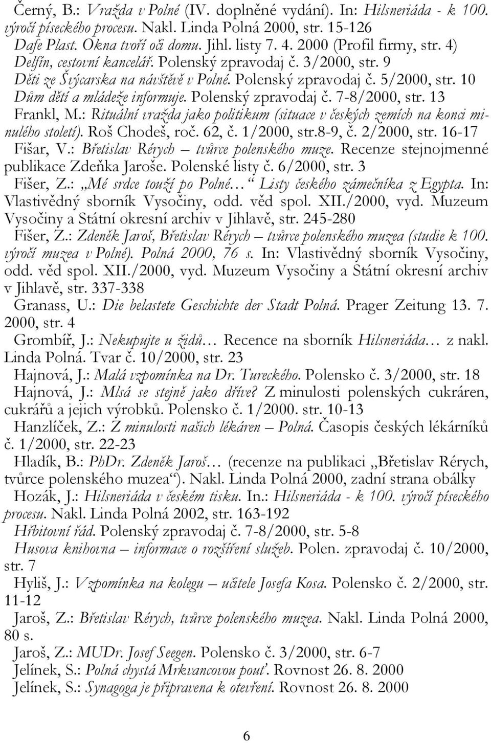Polenský zpravodaj č. 7-8/2000, str. 13 Frankl, M.: Rituální vražda jako politikum (situace v českých zemích na konci minulého století). Roš Chodeš, roč. 62, č. 1/2000, str.8-9, č. 2/2000, str.