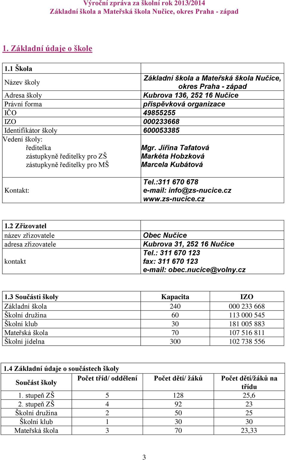 Mateřská škola Nučice, okres Praha - západ Kubrova 136, 252 16 Nučice příspěvková organizace Mgr. Jiřina Tafatová Markéta Hobzková Marcela Kubátová Kontakt: Tel.:311 670 678 e-mail: info@zs-nucice.