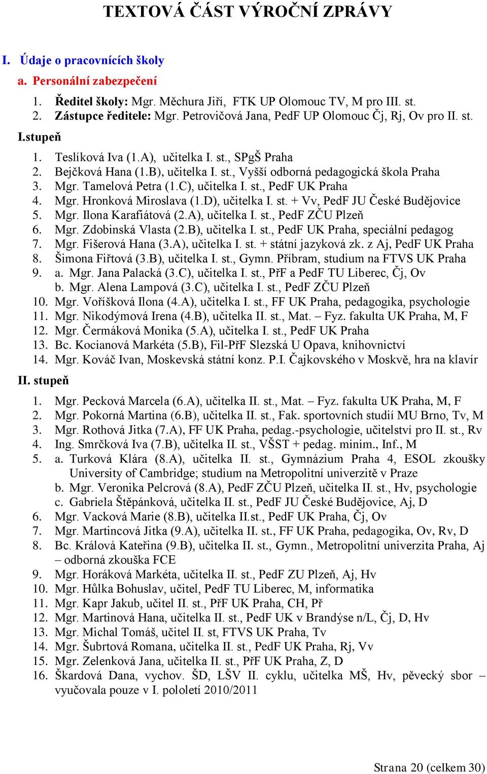 Mgr. Tamelová Petra (1.C), učitelka I. st., PedF UK Praha 4. Mgr. Hronková Miroslava (1.D), učitelka I. st. + Vv, PedF JU České Budějovice 5. Mgr. Ilona Karafiátová (2.A), učitelka I. st., PedF ZČU Plzeň 6.