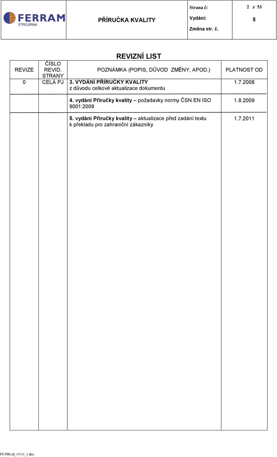 vydání Příručky kvality požadavky normy ČSN EN ISO 9001:2009.