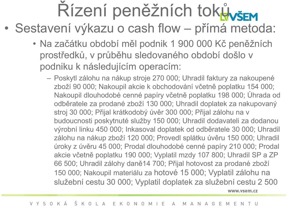 od odb ratele za prodané zboží 130 000; Uhradil doplatek za nakupovaný stroj 30 000; P ijal krátkodobý úv r 300 000; P ijal zálohu na v budoucnosti poskytnuté služby 150 000; Uhradil dodavateli za