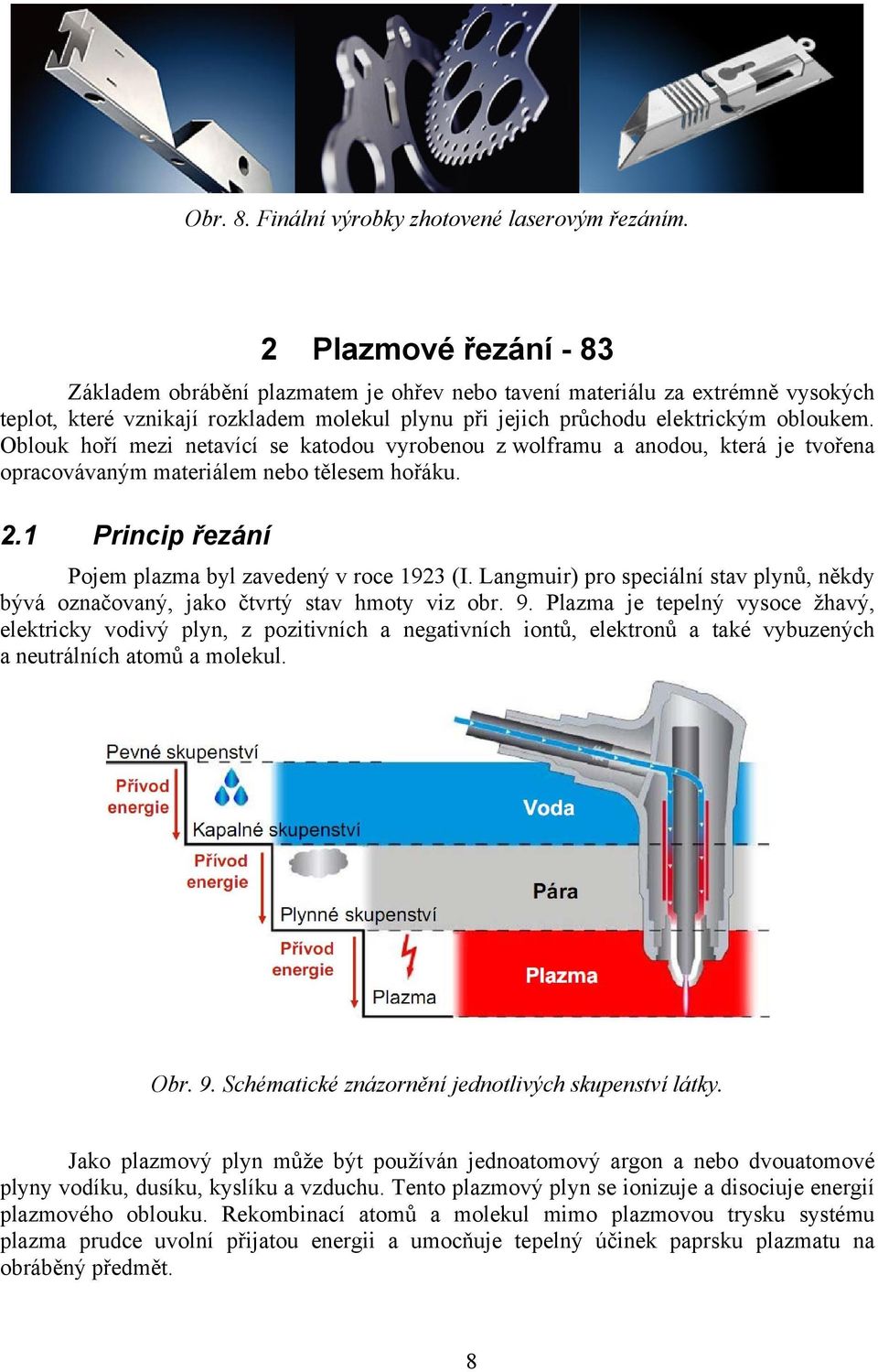 Oblouk hoří mezi netavící se katodou vyrobenou z wolframu a anodou, která je tvořena opracovávaným materiálem nebo tělesem hořáku. 2.1 Princip řezání Pojem plazma byl zavedený v roce 1923 (I.