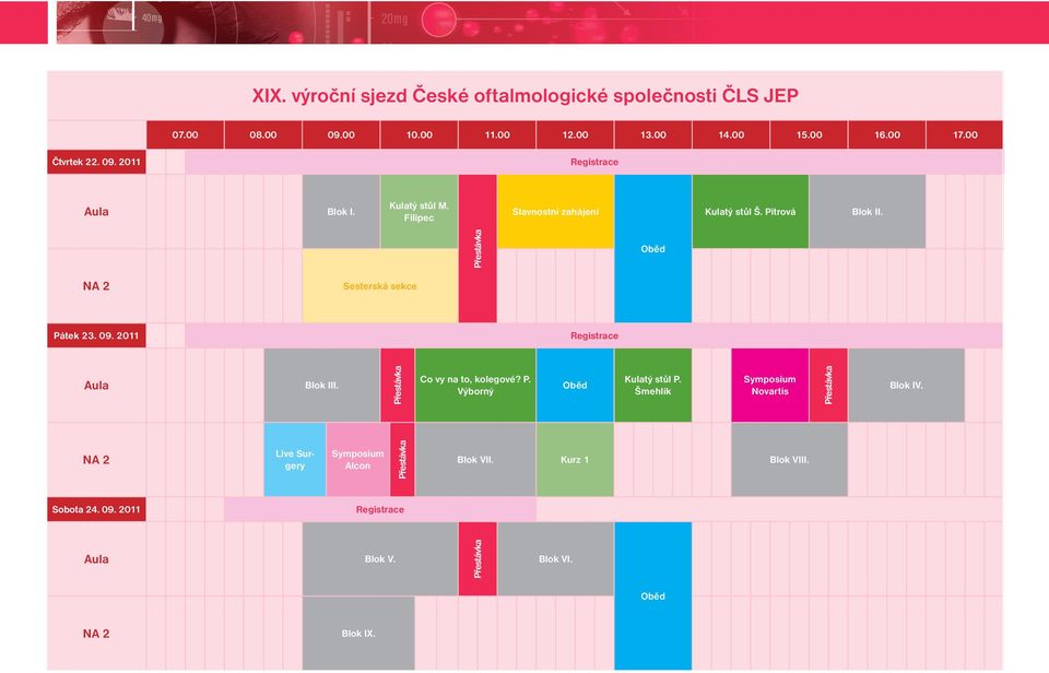 0 Registrace Aula Blok III. Přestávka Co vy na to, kolegové? P. Výborný Oběd Kulatý stůl P. Šmehlík Symposium Novartis Přestávka Blok IV.