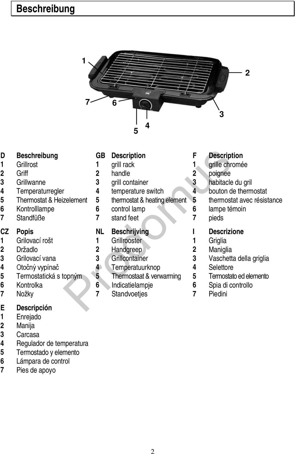 Standfüße 7 stand feet 7 pieds CZ Popis NL Beschrijving I Descrizione 1 Grilovací rošt 1 Grillrooster 1 Griglia 2 Držadlo 2 Handgreep 2 Maniglia 3 Grilovací vana 3 Grillcontainer 3 Vaschetta della