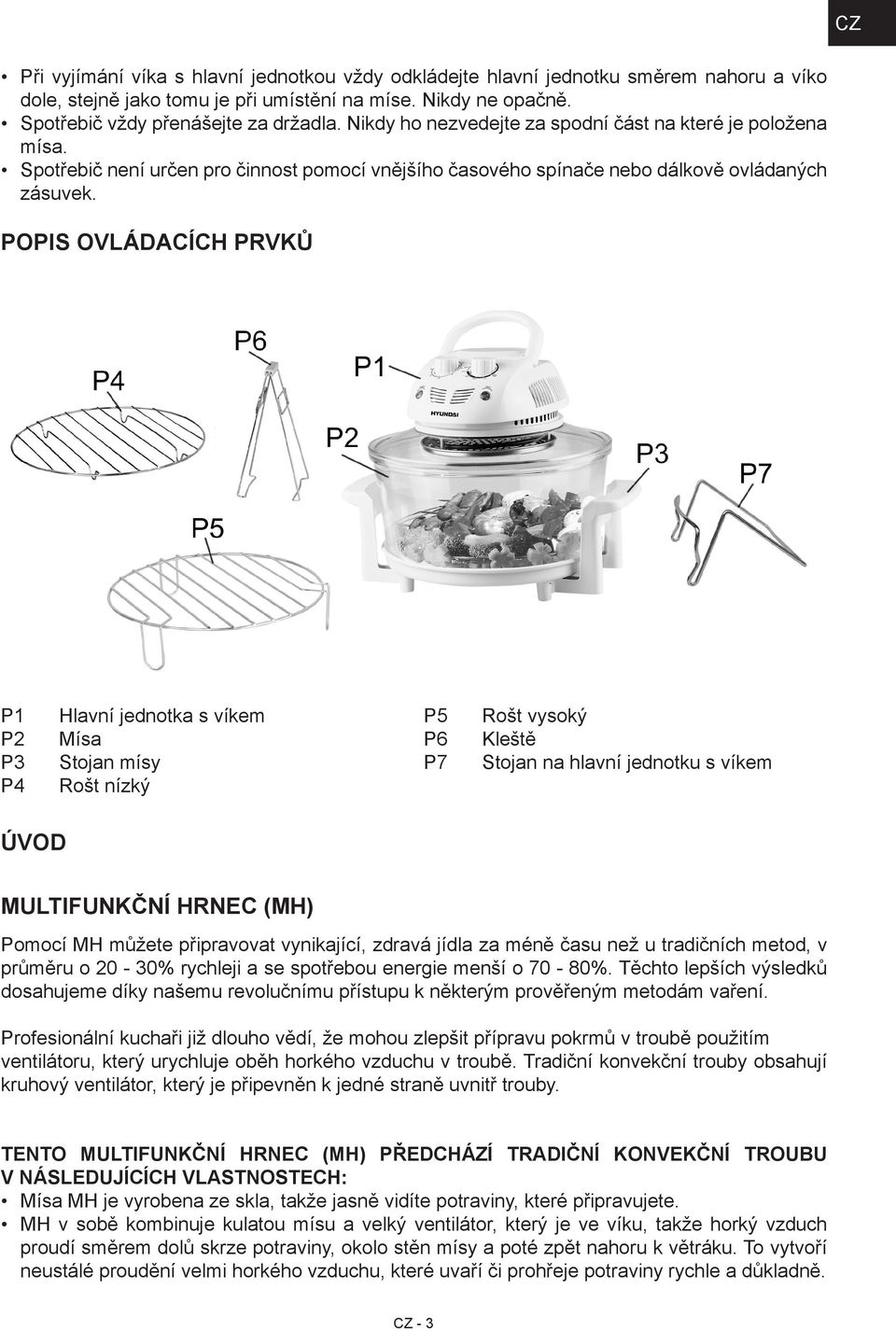 POPIS OVLÁDACÍCH PRVKŮ P1 P2 P3 P4 Hlavní jednotka s víkem Mísa Stojan mísy Rošt nízký P5 P6 P7 Rošt vysoký Kleště Stojan na hlavní jednotku s víkem ÚVOD MULTIFUNKČNÍ HRNEC (MH) Pomocí MH můžete