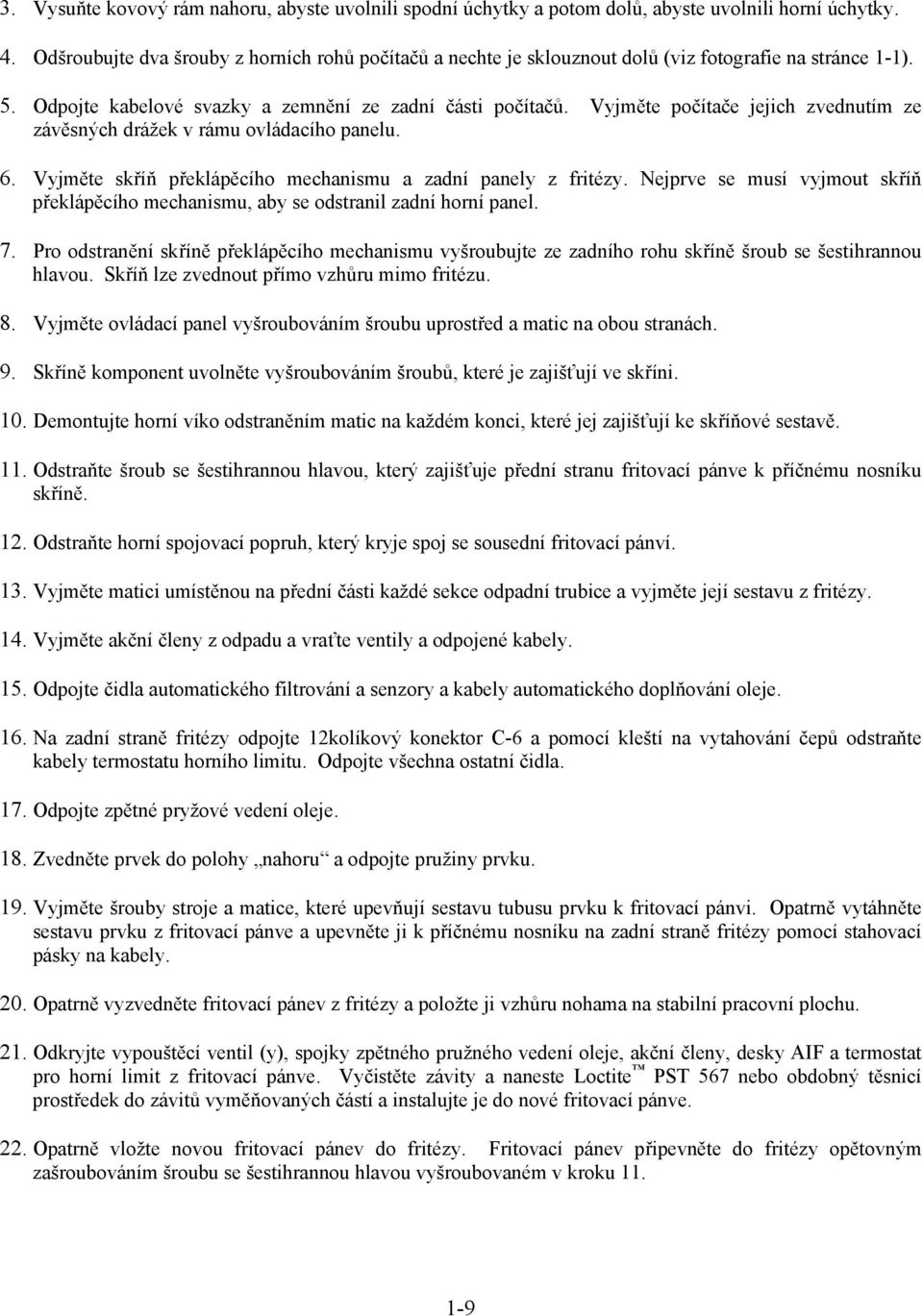 Vyjměte počítače jejich zvednutím ze závěsných drážek v rámu ovládacího panelu. 6. Vyjměte skříň překlápěcího mechanismu a zadní panely z fritézy.