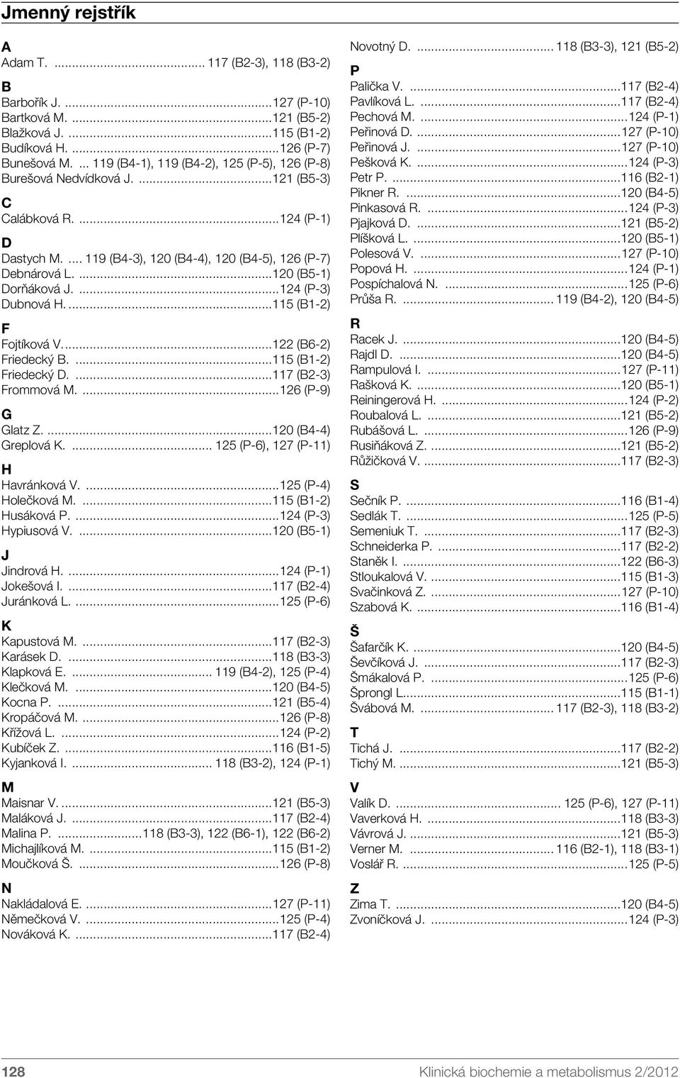 ...120 (B5-1) Dorňáková J....124 (P-3) Dubnová H...115 (B1-2) F Fojtíková V...122 (B6-2) Friedecký B....115 (B1-2) Friedecký D....117 (B2-3) Frommová M....126 (P-9) G Glatz Z....120 (B4-4) Greplová K.