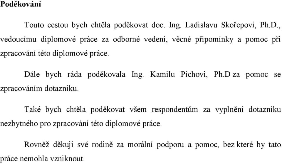 Dále bych ráda poděkovala Ing. Kamilu Píchovi, Ph.D za pomoc se zpracováním dotazníku.