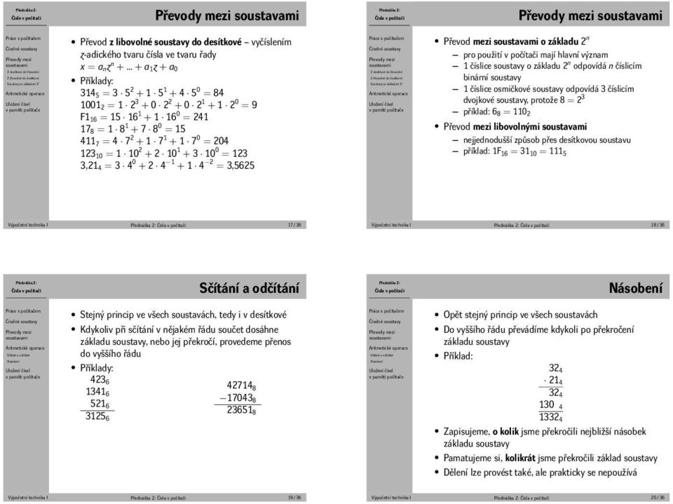 16 0 = 241 178 = 1 8 1 + 7 8 0 = 15 4117 = 4 7 2 + 1 7 1 + 1 7 0 = 204 12310 = 1 10 2 + 2 10 1 + 3 10 0 = 123 3,214 = 3 4 0 + 2 4 1 + 1 4 2 = 3,5625 Soustavy se základem 2 n Převod mezi o základu 2 n