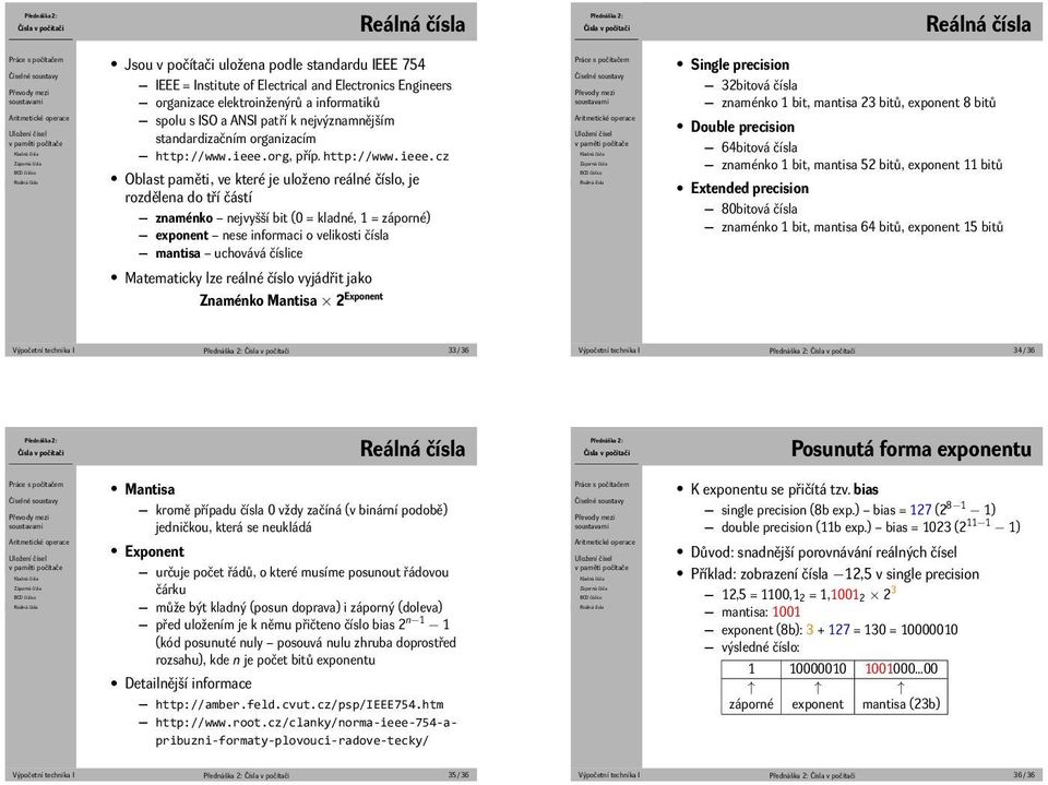 exponent nese informaci o velikosti čísla mantisa uchovává číslice Matematicky lze reálné číslo vyjádřit jako Znaménko Mantisa 2 Exponent Single precision 32bitová čísla znaménko 1 bit, mantisa 23