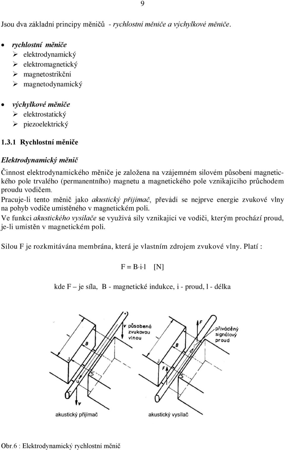 1 Rychlostní měniče Elektrodynamický měnič Činnost elektrodynamického měniče je založena na vzájemném silovém působení magnetického pole trvalého (permanentního) magnetu a magnetického pole