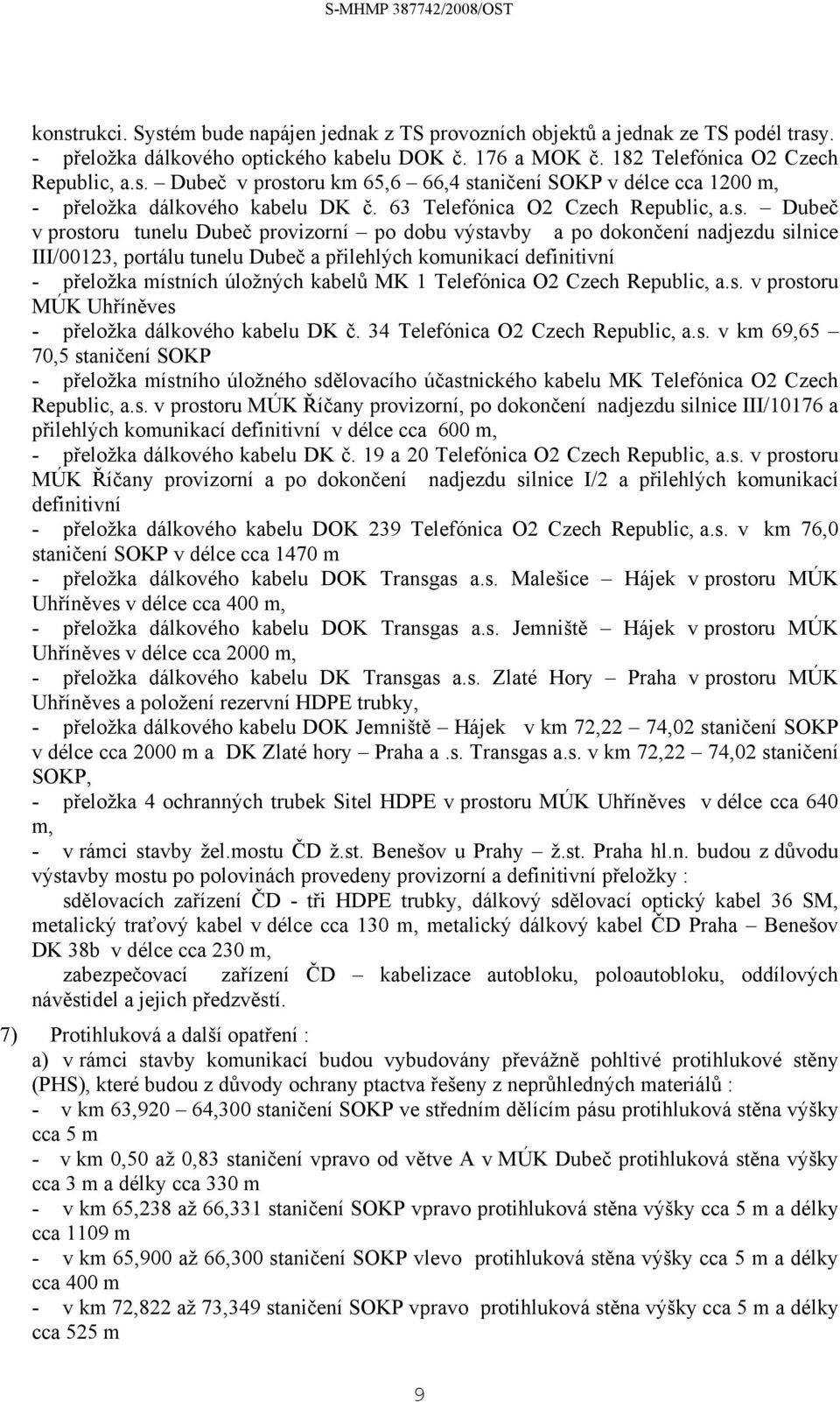 Dubeč v prostoru tunelu Dubeč provizorní po dobu výstavby a po dokončení nadjezdu silnice III/00123, portálu tunelu Dubeč a přilehlých komunikací definitivní - přeložka místních úložných kabelů MK 1