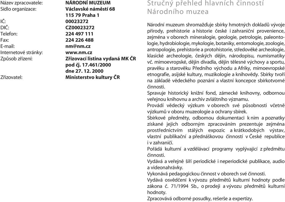 2000 Zřizovatel: Ministerstvo kultury ČR Stručný přehled hlavních činností Národního muzea Národní muzeum shromažďuje sbírky hmotných dokladů vývoje přírody, prehistorie a historie české i zahraniční