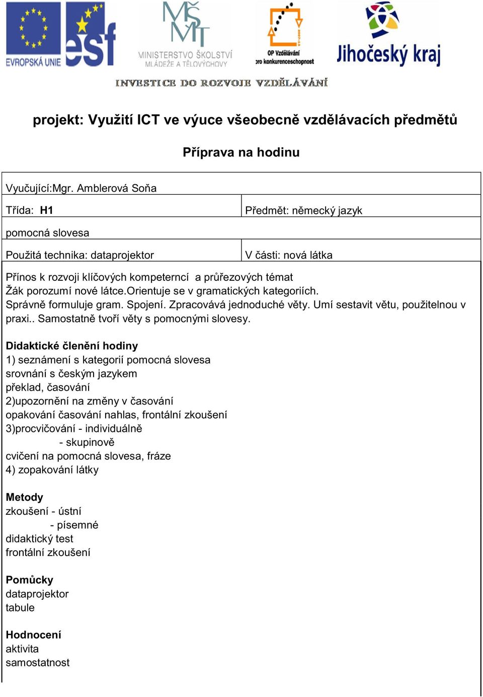 orientuje se v gramatických kategoriích. Správn formuluje gram. Spojení. Zpracovává jednoduché v ty. Umí sestavit v tu, použitelnou v praxi.. Samostatn tvo í v ty s pomocnými slovesy.