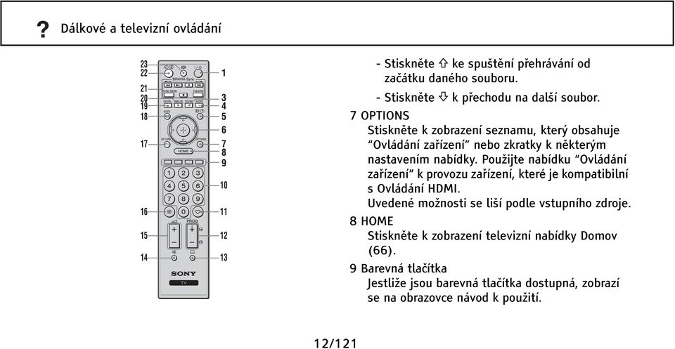 7 OPTIONS Stiskněte k zobrazení seznamu, který obsahuje Ovládání zařízení nebo zkratky k některým nastavením nabídky.