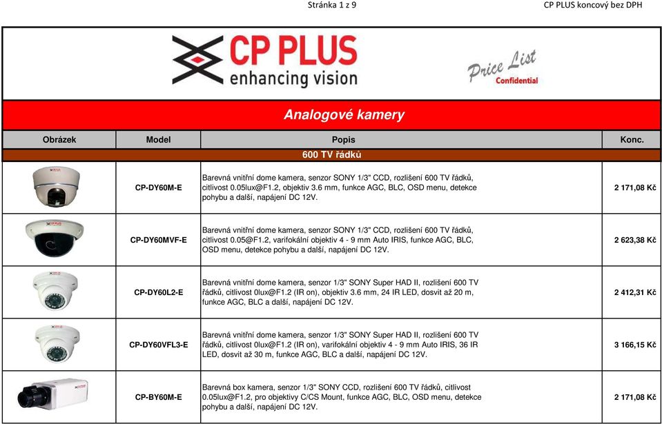 2, varifokální objektiv 4-9 mm Auto IRIS, funkce AGC, BLC, OSD menu, detekce pohybu a další, napájení DC 12V.