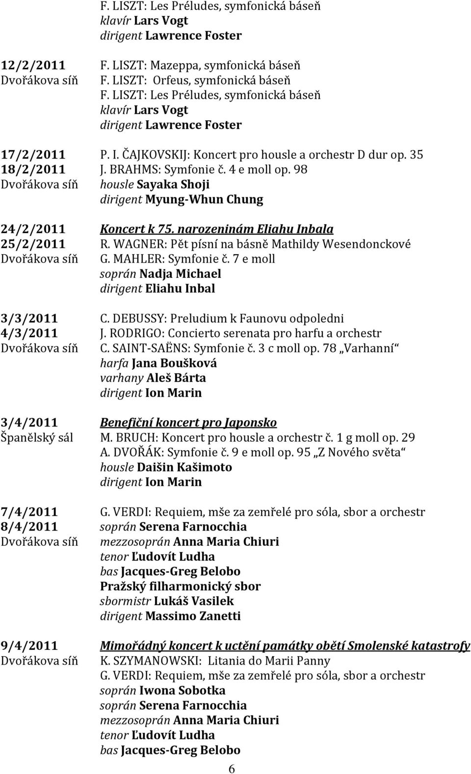 ČAJKOVSKIJ: Koncert pro housle a orchestr D dur op. 35 J. BRAHMS: Symfonie č. 4 e moll op. 98 housle Sayaka Shoji dirigent Myung-Whun Chung Koncert k 75. narozeninám Eliahu Inbala R.